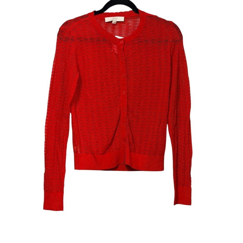 LOFT Red Pointelle Scalloped Button Front Cardigan Sweater Womens Medium